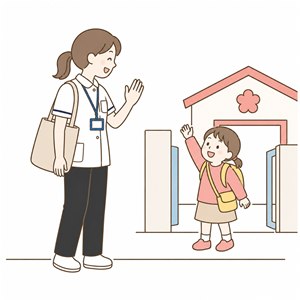 保育園の前で子どもを見送る、白いナース服の看護師