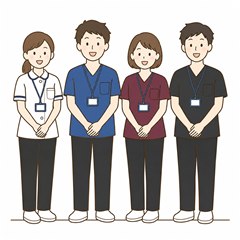 白・青・えんじ・黒の制服を着た雅のスタッフ4人
