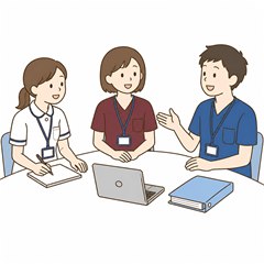 事務所で話し合う雅のスタッフ3人